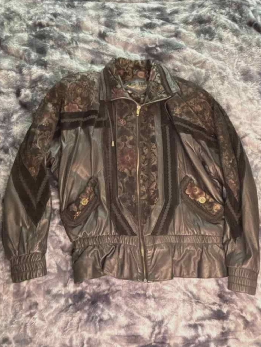 G by Guess Brown Floral Panel Leather Jacket